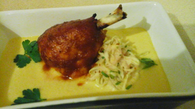 A Barbeque Chicken Drumstick, with corn puree, and an apple cucumber slaw. It's no Pringles, but it'll do. 